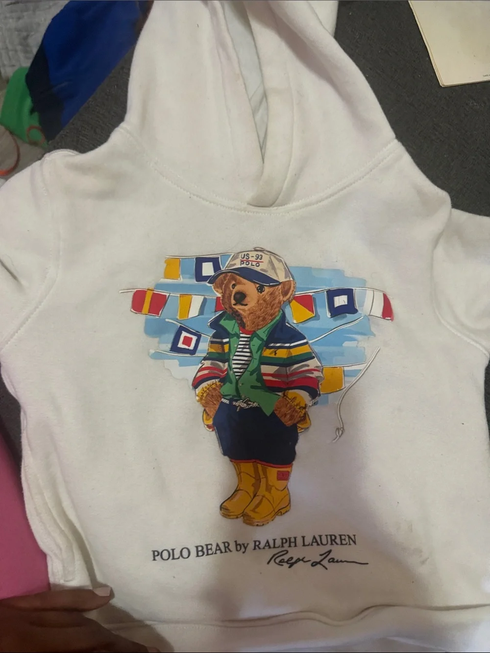 Ralph Lauren White Hoodie with Colorful Polo Bear Graphic